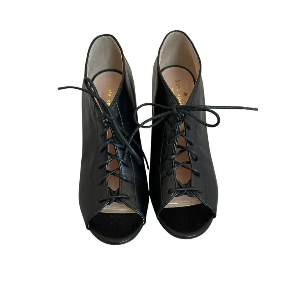 Kate Spade Inella Black Lace-Up Heels Sandals Booties Wood Size 7.5 Women's
